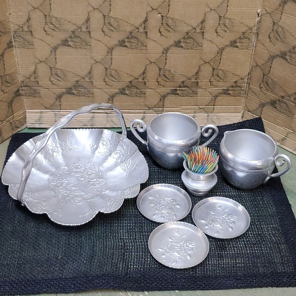 Vintage Hammered Aluminium Basket dish, coasters, cream/ sugar, toothpick holder